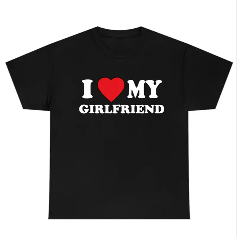 Men's Slogan & Heart Print Round Neck Tee, Summer Clothes Regular Fit "I Love My GF" Print Crew Neck Short Sleeve T-Shirt, Casual Style Tee for Daily Outdoor Wear, Casual Comfy Knitting Top for Summer, Casual Streetwear Tops