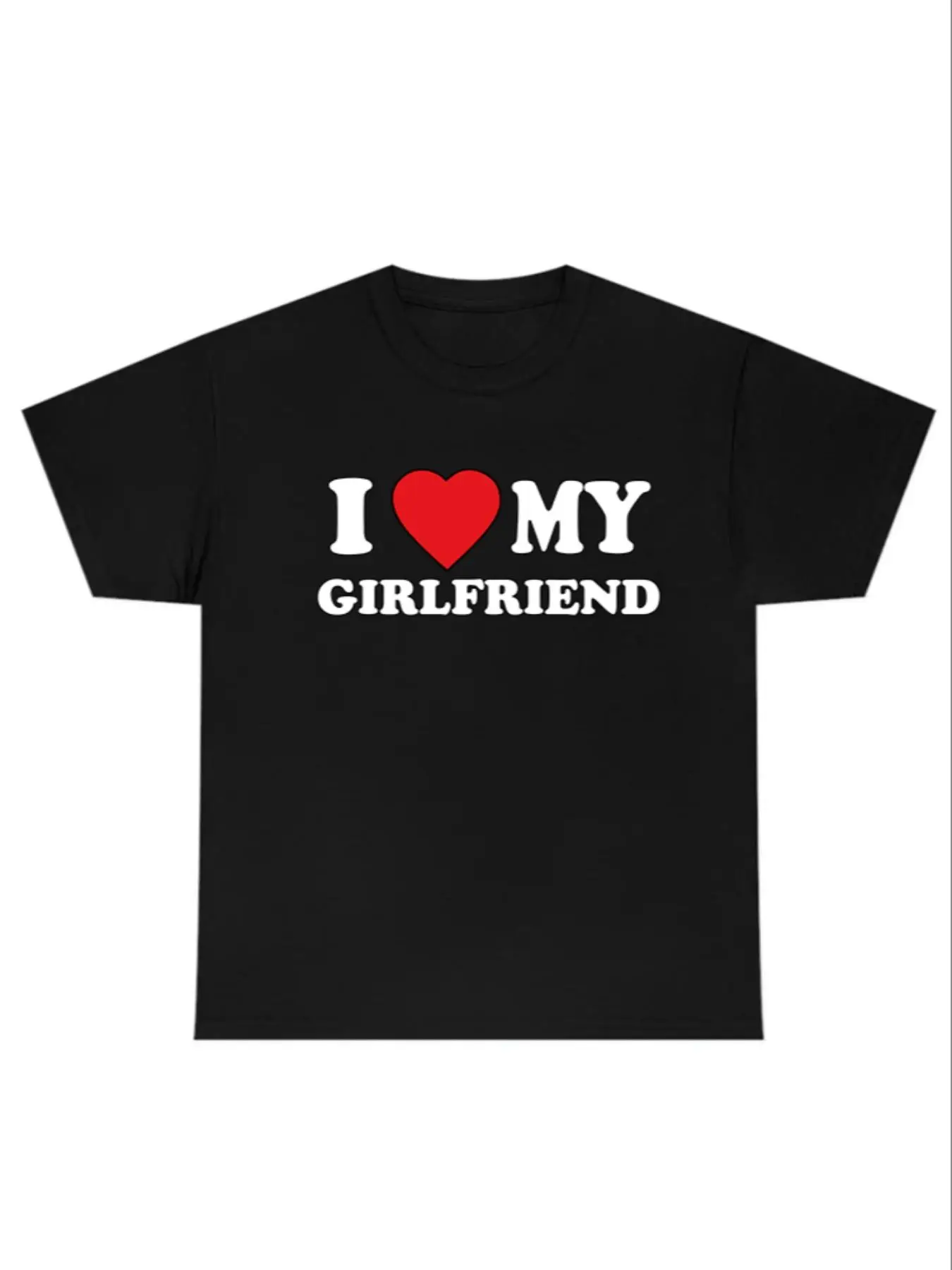Men's Slogan & Heart Print Round Neck Tee, Summer Clothes Regular Fit "I Love My GF" Print Crew Neck Short Sleeve T-Shirt for Daily Outdoor Wear, Casu