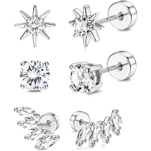 ZELORES 3 Pairs Sterling Silver Flat Back Earrings for Women Cartilage Stud Earrings Huggie Hoop Earrings Sets White Gold Plated Cubic Zirconia Stud Earrings Tragus Helix Piercing Jewelry