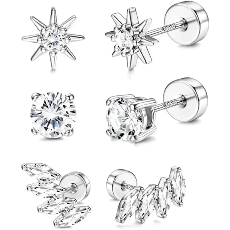 ZELORES 3 Pairs Sterling Silver Flat Back Earrings for Women Cartilage Stud Earrings Huggie Hoop Earrings Sets White Gold Plated Cubic Zirconia Stud Earrings Tragus Helix Piercing Jewelry
