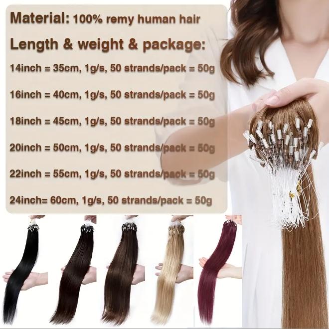 50Pcs Micro Loop Human Hair Extensions, 1g/Strand 50g Total, 100% Remy Hair, Natural Black #1 with Blonde Highlights, 12-28 Inches Straight Smooth, Seamless Beads for Protective Styling