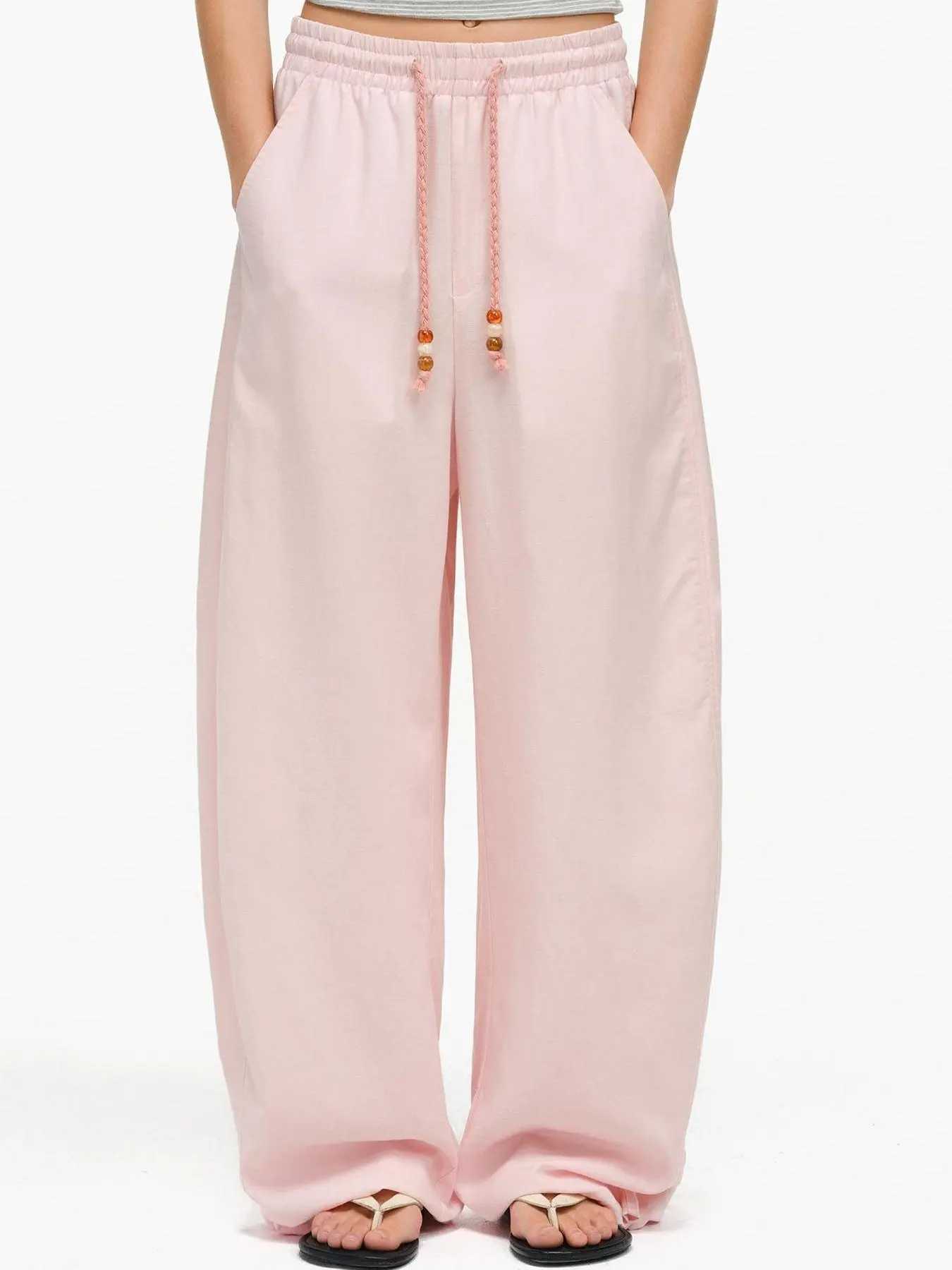 PCLP  Lyocell Linen Blend Beaded Detail Relaxed Pants – Lightweight Summer Wide Leg Elastic Waist Trousers