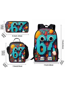 Block number 67 printed backpack for school three piece set including lunch bag and pencil case