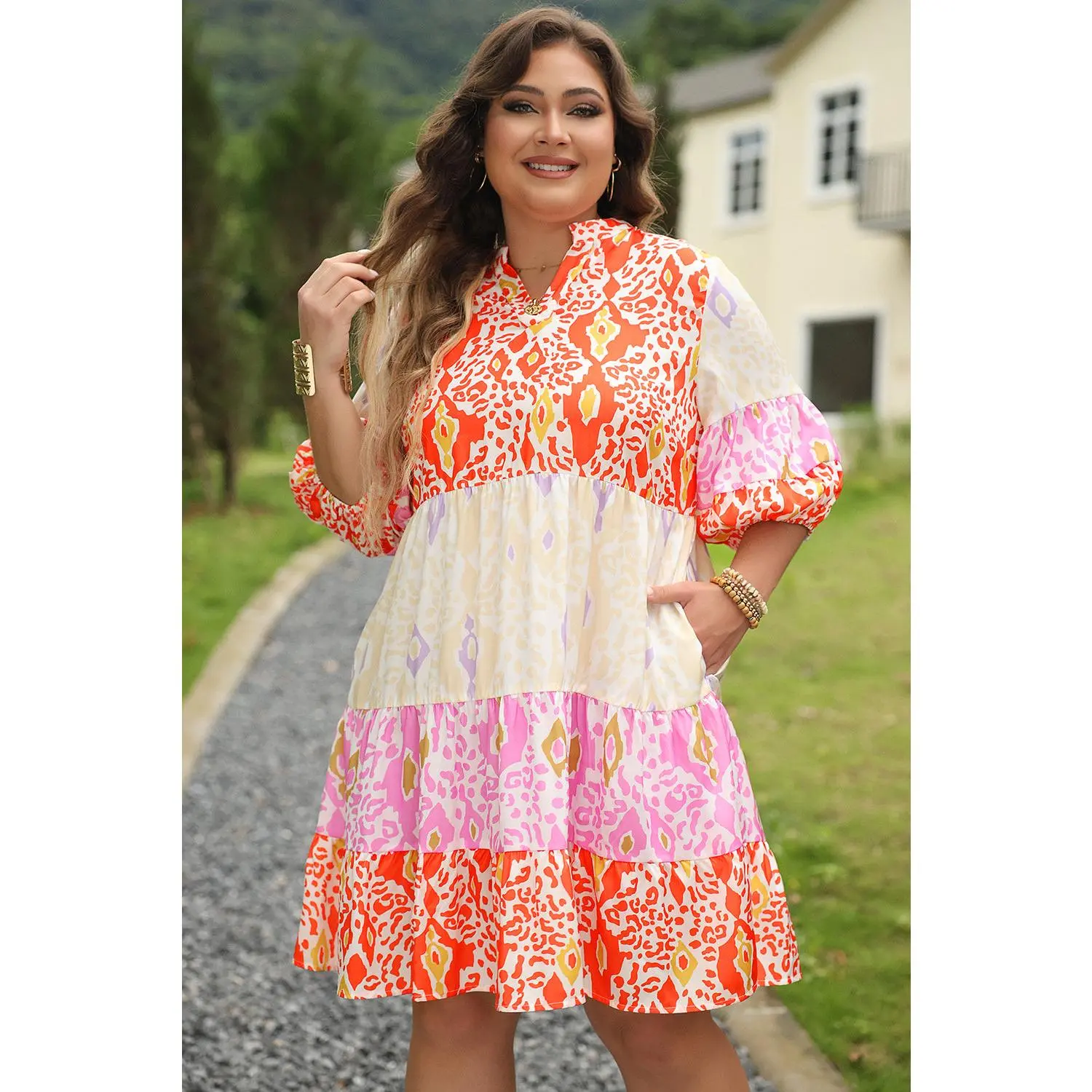 Multicolour Leopard Puff Sleeve Slit Neck Plus Babydoll Dress