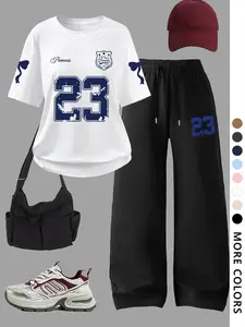 Spring Summer American Style Sporty Set, Breathable Milk Silk Fabric, Loose Fit T-Shirt & Drawstring Pants, Streetwear Casual, Sporty Style Outfits