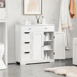 Yaheetech Bathroom Floor Cabinet, Large Storage Space Wooden Organizer with 1 Big Drawer, 3 Small Drawers & 2 Doors, Free-Standing Cupboard for Kitchen and Bathroom Use Yaheetech Bathroom Floor Cabinet, Large Storage Space Wooden Organizer with 1 Big Drawer, 3 Small Drawers & 2 Doors, Free-Standing Cupboard for Kitchen and Bathroom Use