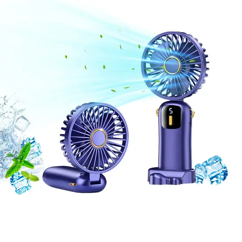 Portable Handheld Fan, USB Rechargeable Small Fan with LED Power Display, Foldable 5 Wind Speed Adjustable Personal Fan for Office Bedroom Outdoor Tra