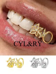 CYL&RY 1pc Floral Design Grills, Flower Cutout Tooth Cap Grillz, Tooth Gem – 18K Gold Plated Copper with Pink CZ, Hip-Hop Jewelry for Female, Girls & Men, Kid. Perfect for Date Night, Parties, Music Festivals, Couple Gifts & Y2K K-Pop Style