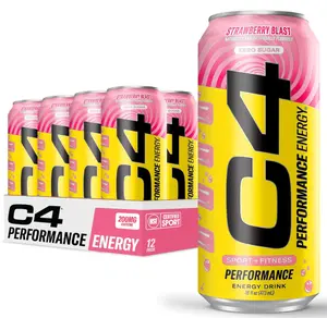 Cellucor C4 Performance Energy Drink | Strawberry Blast | Zero Sugar Carbonated Preworkout Energy | 200mg Caffeine with Beta Alanine | 16 Fl Oz (12 Pack)
