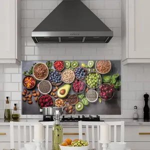 GCKG fruits vegetables seeds superfoods cereals leafy vegetables gray concrete Tempered Glass Kitchen Backsplash, Stove Back Cover, Stove Splashback, Cutting Board, Kitchen Wall Decor