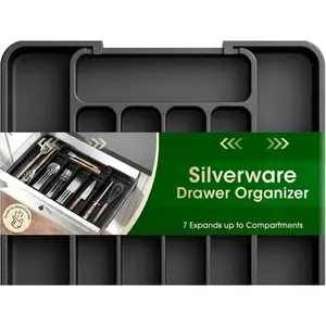 Silverware Organizer - Expandable Kitchen Drawer Organizer, Adjustable Utensil Organizer, Cutlery Tray for Forks, Knives, Multipurpose Kitchen Organizers and Storage Solution, Black, Medium