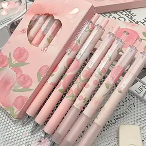 6 /12Pcs Cute Floral Gel Pens, Rollerball Pen Set, 0.5mm Black Ink - Clear Pen Body, Pink Tulip Design, Great for Office, School and Valentine's Day Gifts, Cute Pens, Stationery Office Supplies, Smooth Writing Pen