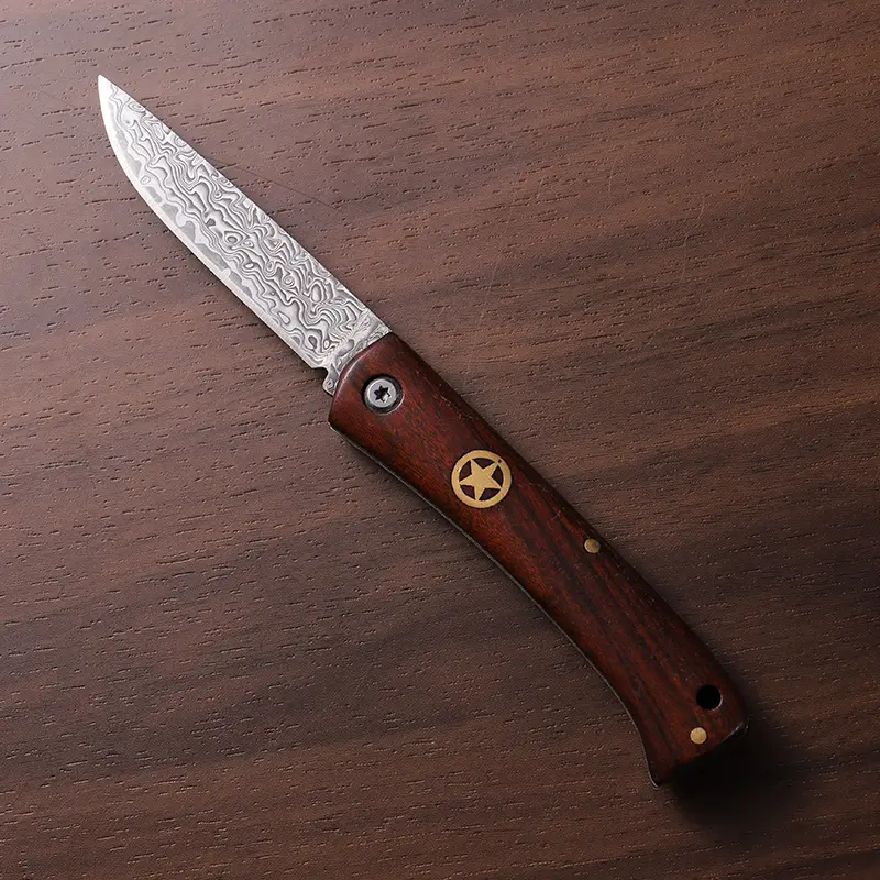 Vintage Damascus Folding Knives - Exquisite Wooden Handle, Sharp Patterned Steel Blade, Ideal for Everyday Carry and Collection, Pocket Knives