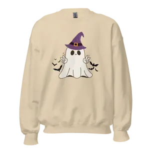 Long Sleeve Halloween Ghost in Witch Hat Sweatshirt