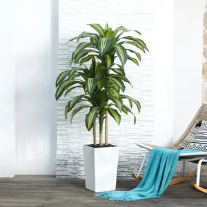 DR.Planzen 5FT/6FT Faux Dracaena Tree – Realistic Green Leaves, Indoor & Outdoor, White Planter with River Stones, UV Resistant, No Maintenance