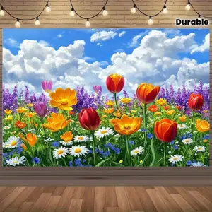1 vivid floral grassland canvas - red tulip, orange morning glory, purple lavender, white lily, hanging on clear blue sky with fluffy clouds - polyester wall hanging