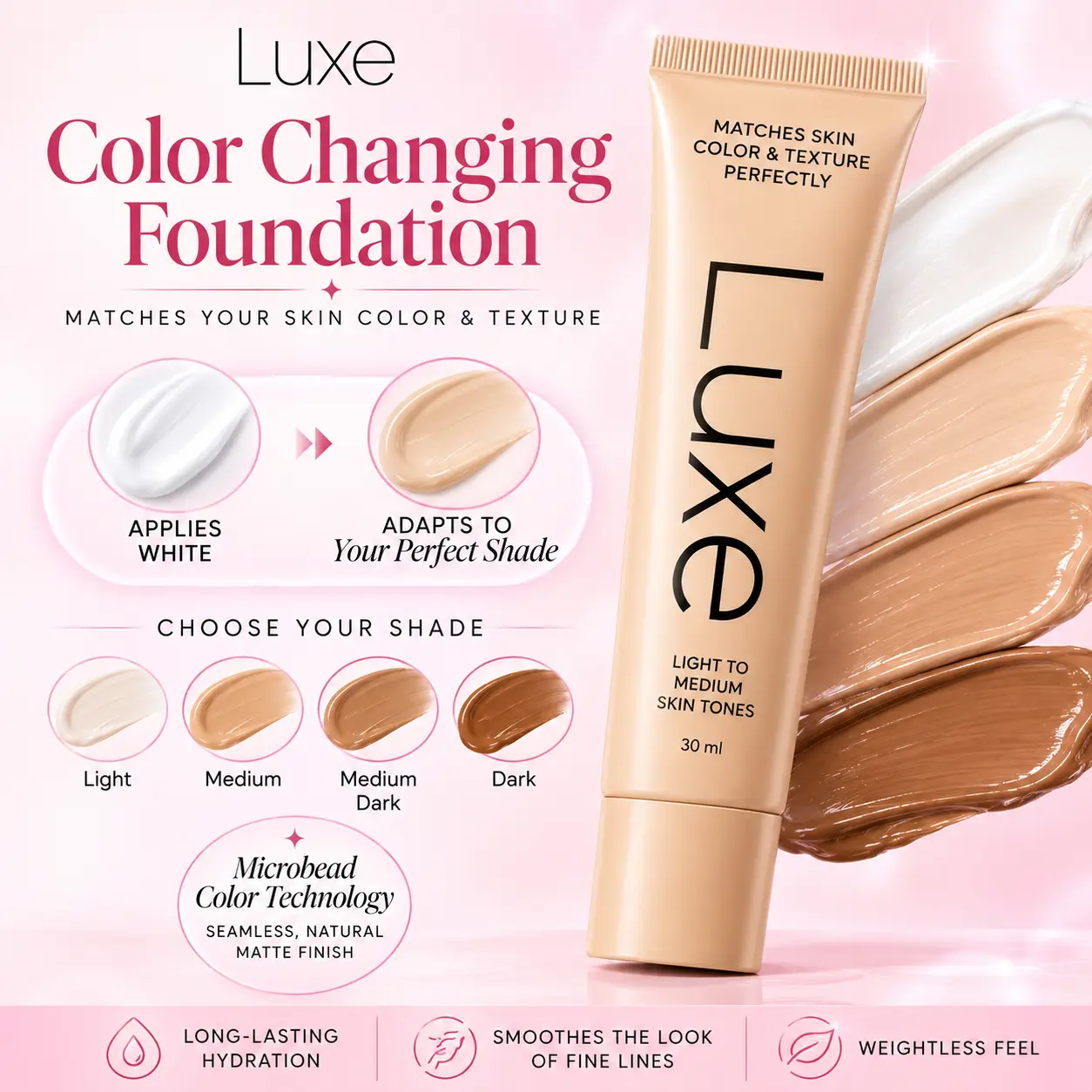 Luxe Color Changing Foundation for Women | Adaptive Skin Tone Matching Foundation | Buildable Coverage with Natural Dewy Finish | Lightweight, 12-Hour Wear | Light to Medium & Medium Dark to Dark Shades