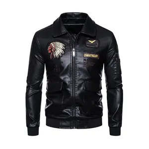 Men's Black Retro Faux Leather Jacket, Indian Chief Embroidery & Combat Ready Patches, Military Pilot Style Streetwear Coat