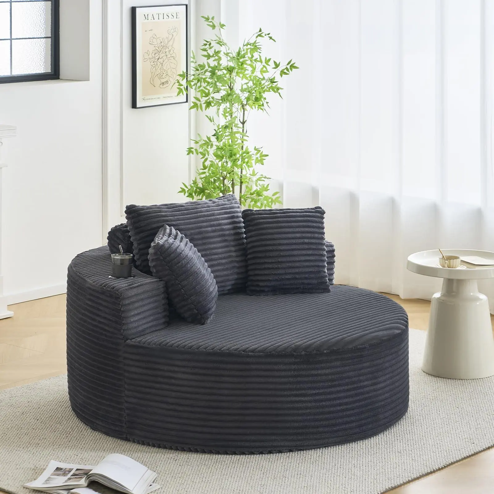 55" Oversized Round Chaise Lounge Chair Indoor, Upholstered Corduroy Deep Seat Circle Couch with Cup Holders, Large Cloud Sleeper Sofa for Living Room, Bedroom, No Assembly Required, Gray