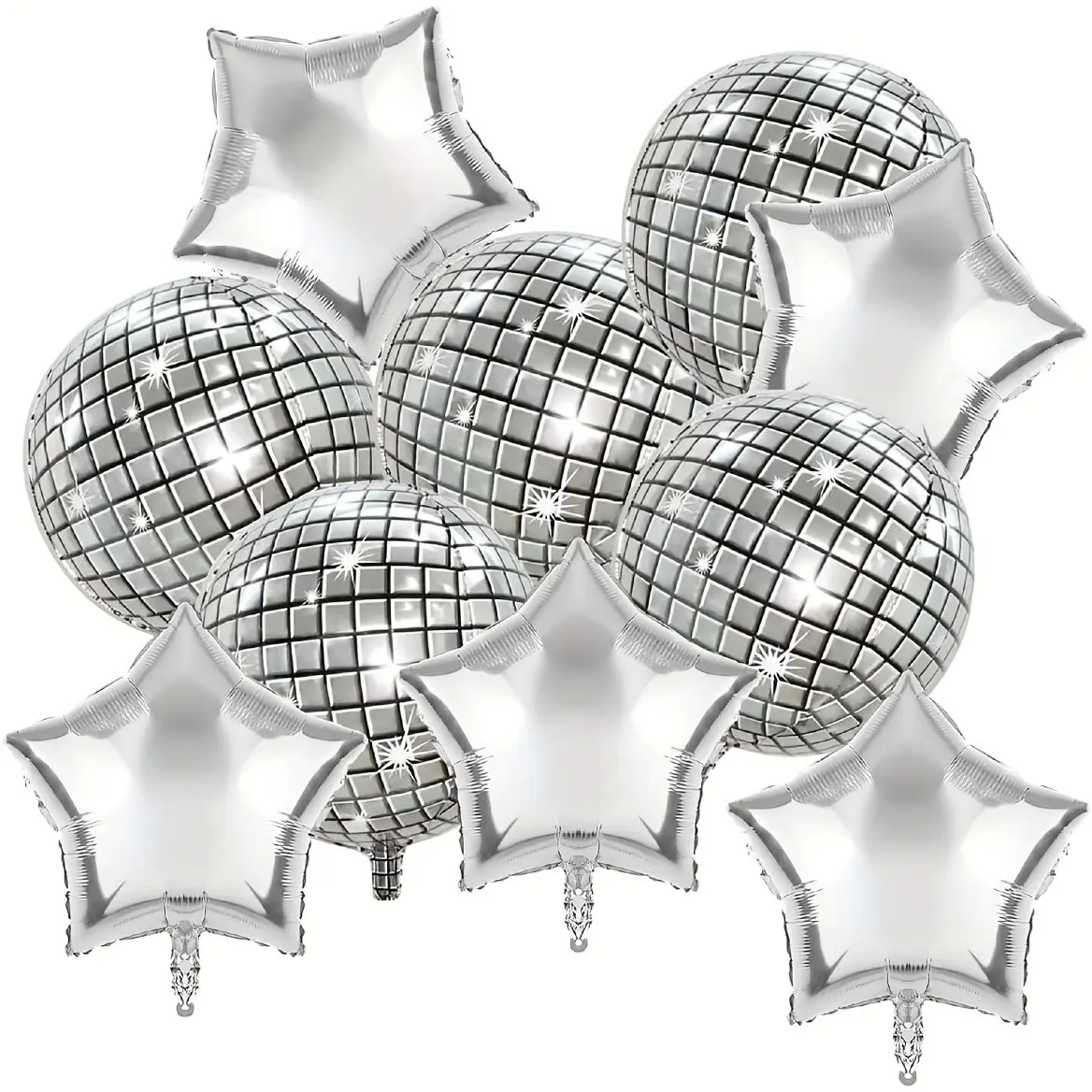 10 Silver Color Disco 4D Balloons and 18 Inch Star Balloon, Retro Party Decor for 70s 80s 90s Birthday Wedding Celebrations