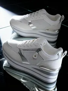 Women's Low Top Fashion Sneakers, Height Increasing Casual Shoes, PU Leather and Textile Upper, 3 Color Options for All Seasons, Casual Sporty Sneakers, Sports Shoes, Platform Sneakers