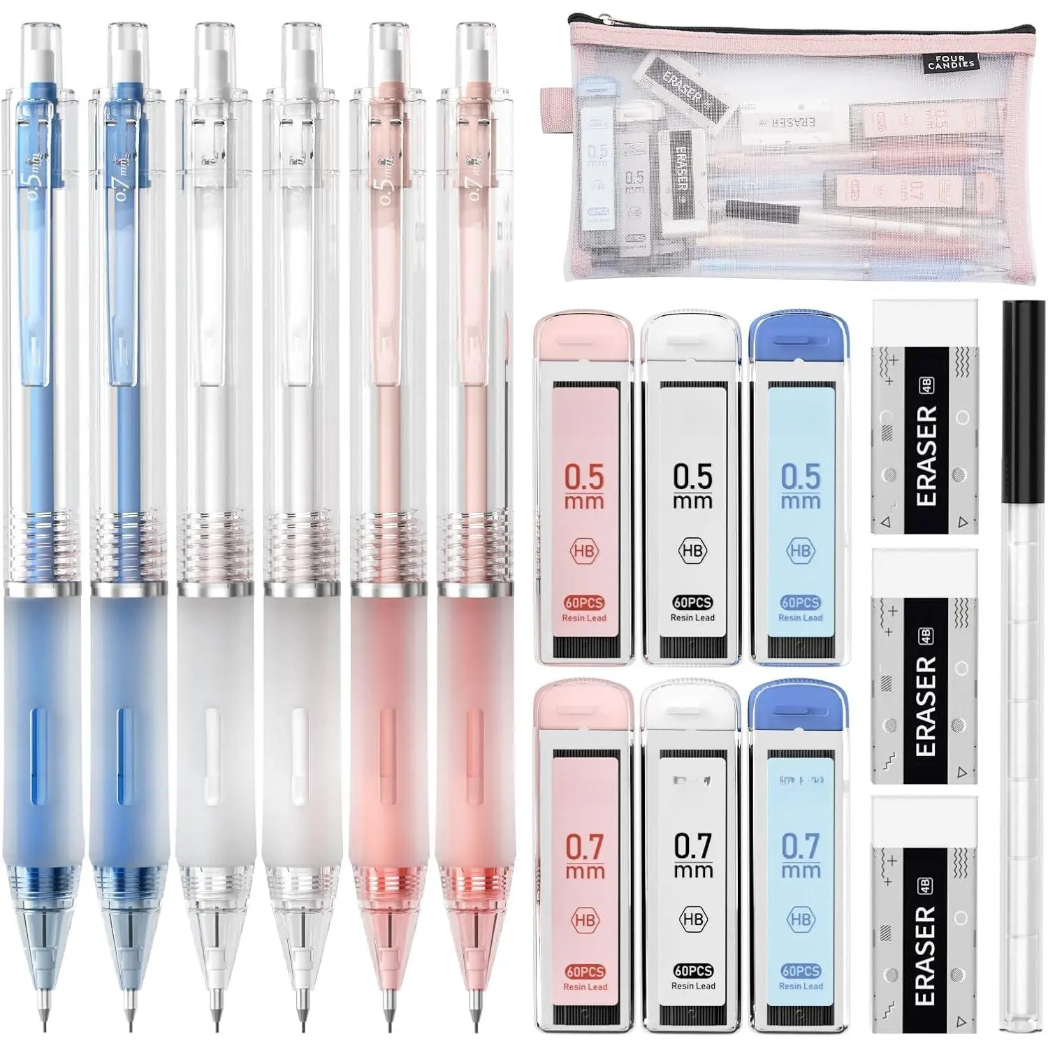 Mechanical Pencil Set with Case, 6 count Aesthetic Mechanical Pencils 0.5 & 0.7mm with 360 count HB Lead Refills, 12 count Erasers, Cute Mechanical Pencils for Writing, Drawing and Sketching