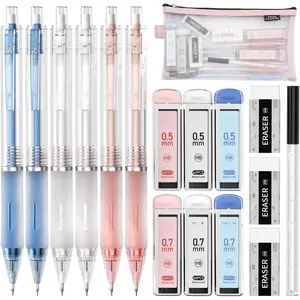 Mechanical Pencil Set with Case, 6 count Aesthetic Mechanical Pencils 0.5 & 0.7mm with 360 count HB Lead Refills, 12 count Erasers, Cute Mechanical Pencils for Writing, Drawing and Sketching