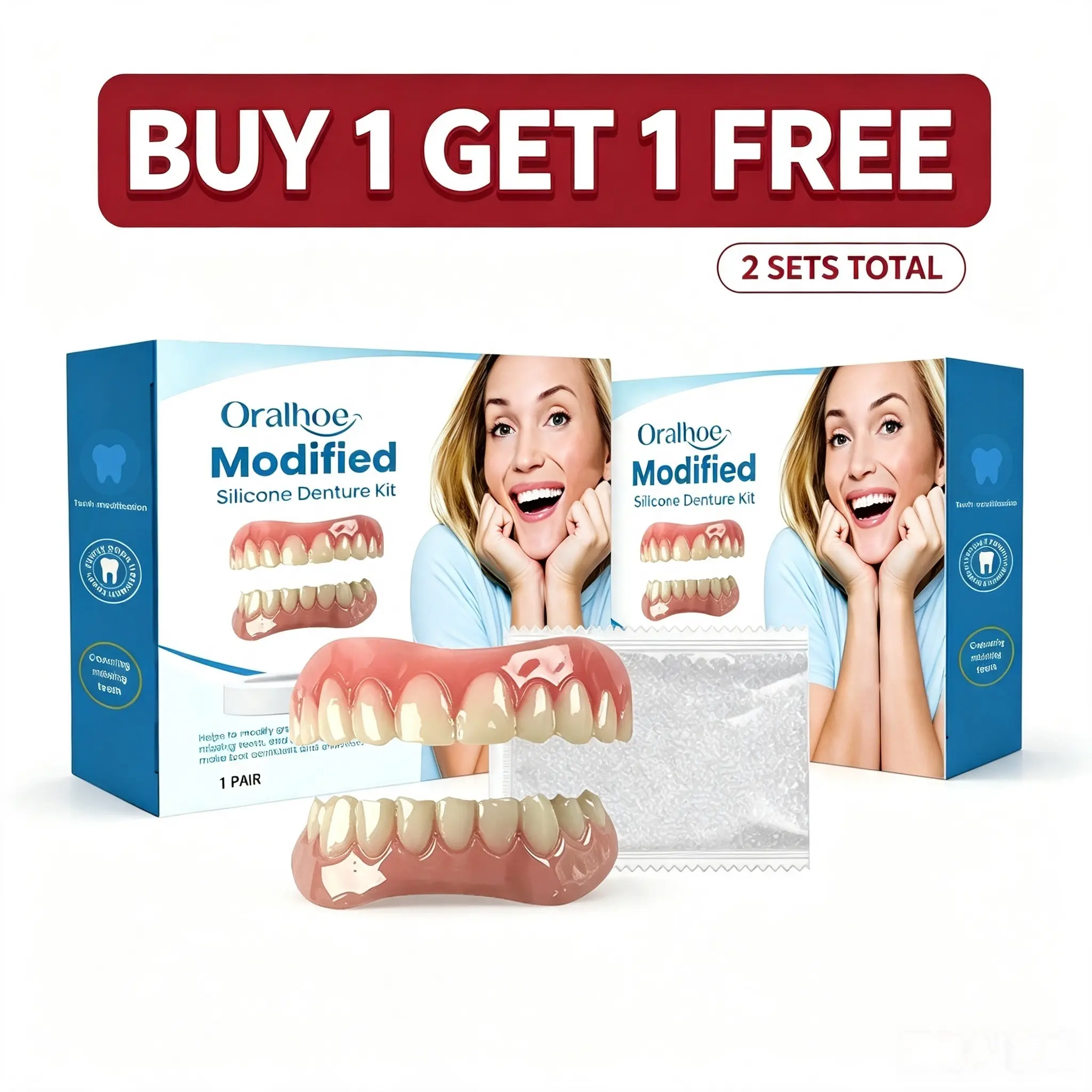 Oralhoe Cosmetic False Teeth Kit: comfortable removable covers for a natural attractive smile. Ideal for all social occasions. Buy 1 Get 1 Free, 2 sets total. This kit tightens loose dentures instead of being worn as new dentures.