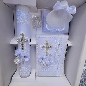 5pcs Baptism Candle Set with 8”Candle, Rosary, New Testament & Decorative Elements in Box for Boys and Girls English & Spanish white