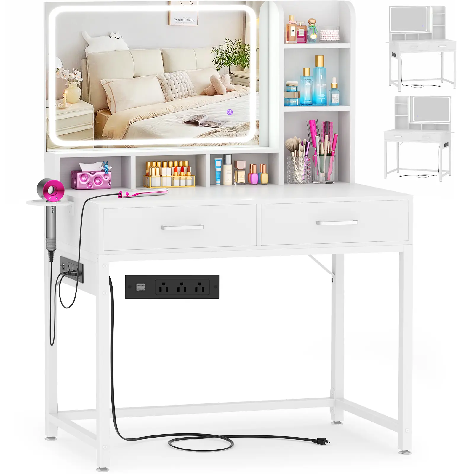 Makeup Vanity Desk with Mirror and Lights, Adjustable Lighting, Vanity Table with Drawers and Charging Station and Shelves, Dressing Table for Bedroo