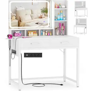 Makeup Vanity Desk with Mirror and Lights, Adjustable Lighting, Vanity Table with Drawers and Charging Station and Shelves, Dressing Table for Bedroo