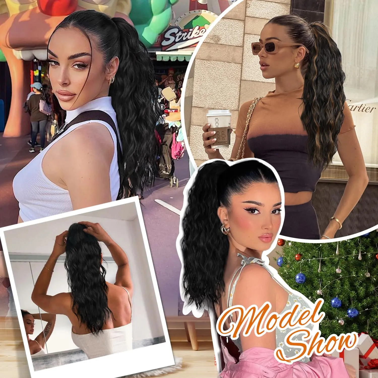 Synthetic Hair Ponytail Extensions 26in Wavy Drawstring Long Curly Women Wavy Curly Ponytail Extension for Black Women Drawstring  main image 3