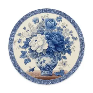 1 piece vintage blue and white porcelain wall decoration with floral relief, 8 inches, round aluminum metal sign, rust-resistant, perfect home decoration for the living room.