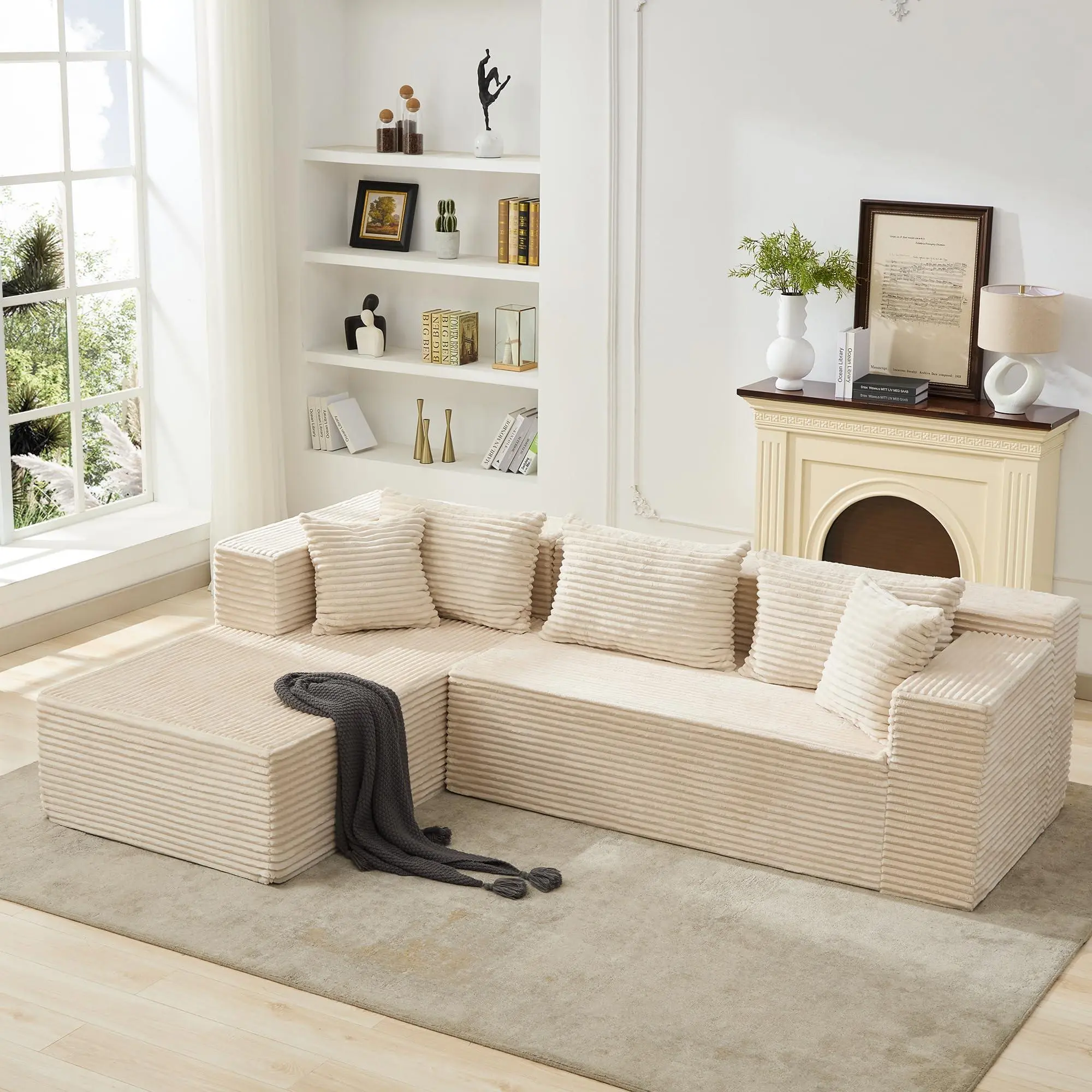 GARVEE Boneless Couch, 106" Left Corduroy Cloud Couch Sectional，Vacuum Compressed Couch, L-Shaped Modular Sectional Couch with Chaise Lounge, Boneless Couch for Living Room, Comfy Compact Apartment Sofa