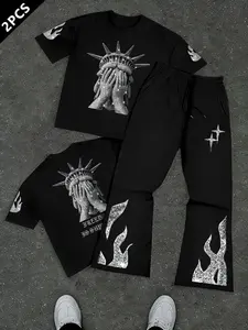Men's Loose Fit Diamond Embroidered Liberty Statue Sportswear Set, Flame & Stars Print Tee Long Pants Two-Piece, Dark Street Style