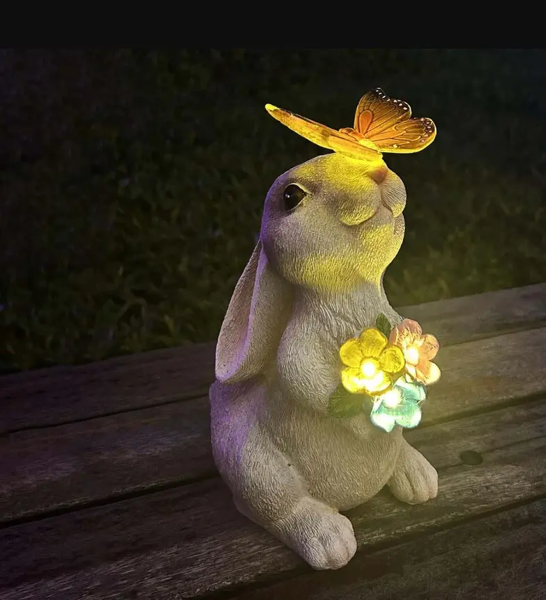Solar Garden Bunny Statue with Butterfly & Flower Lights, Cute Resin Rabbit Figurine Holding Glowing Bouquet, Waterproof Outdoor Decor for Yard Lawn Patio Pathway, Unique Spring Easter Gift Eco-Friendly Outdoor Decor for Patios & Yards