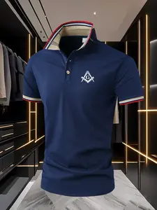 Stylish Business Men's Freemason Symbol Printed Simple Short Sleeve Polo Shirt for Office Work and Social Occasions