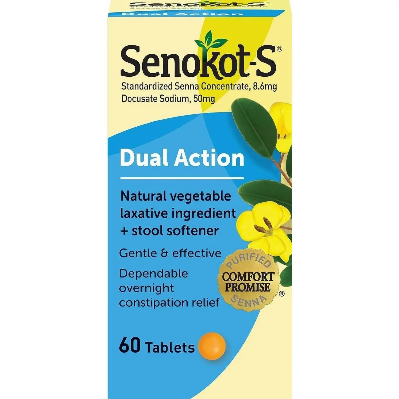Senokot-S Dual Action Natural Vegetable Laxative Ingredient Plus Stool Softener Tablets, Docusate Sodium, Senna Concentrate, Gentle, Overnight Relief From Occasional Constipation, 60 ct