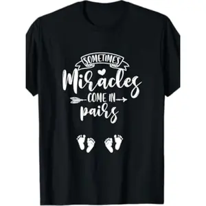 Women'S Twin Pregnancy Announcement T-Shirt - 100% Casual Loose Fit Short Sleeve Round Neck, "Sometimes Miracles Come in Twos" Design with Footprints & Hearts, Maternity Announcement Outfit for Twin Moms, All-Season Comfort, Gender Reveal Gift