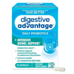 Digestive Advantage Intensive Bowel Support Probiotic Supplement 32 Capsules, Defends Against Gas, Bloating, Abdominal discomfort, Survives 100x Better