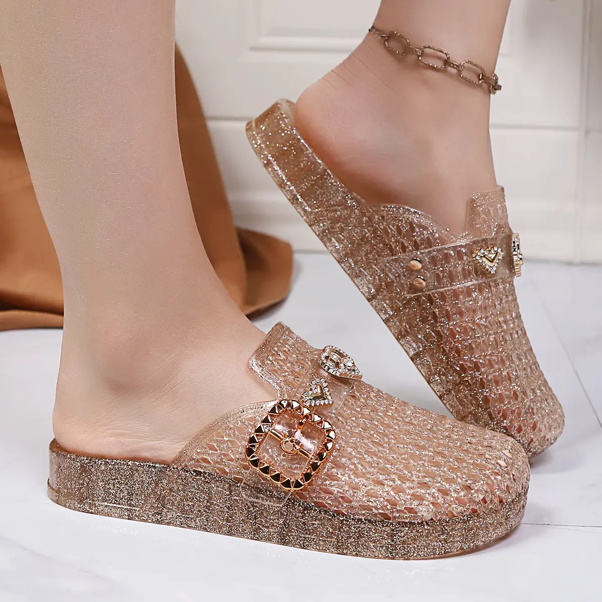 Women's Waterproof Transparent Glitter PVC Jelly Sole Slippers - Breathable Hollow Slip-On Footwear, Anti-Slip, Girly Fun Fashion Slippers for Beach & Bathroom Use, Slipper