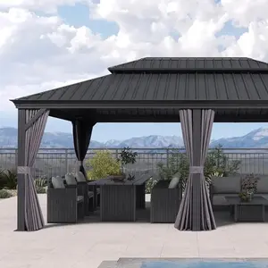 12'FTx20'FT Heavy-Duty Permanent Hardtop Gazebo with Galvanized Steel Double Roof & Aluminum Frame - All-Weather Outdoor Patio Canopy with Privacy Curtains & Netting, Spacious Shelter for Garden, Lawn, Backyard - Easy Assembly, Durable Outdoor Structure