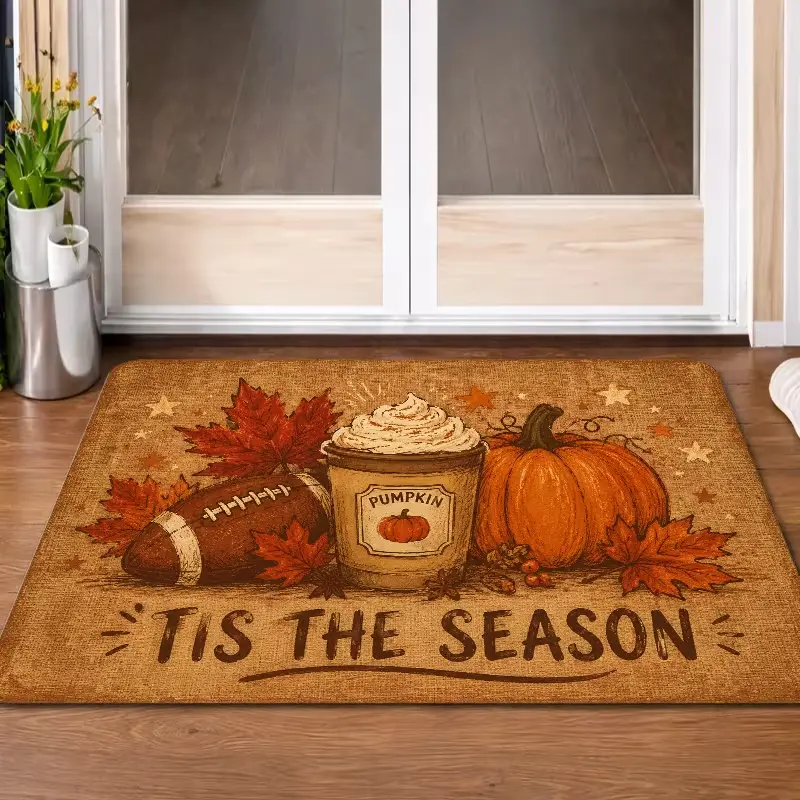 Autumn Pumpkin Doormat Spice Latte and Football Pattern Printed Doormat, Antislip, Soft, Comfortable And Easy to Clean, Suitable for Porch Entrance, Bedroom, Living Room, Kitchen Decor, Fall Harvest Theme Indoor Outdoor Festival Decor