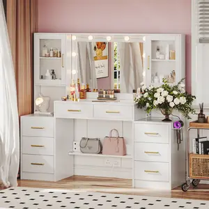 White vanity desk with mirror, lights, and charging station; 58″ makeup desk with 8 drawers, 2 cabinets, and lots of storage; dressing table vanity set with lighted mirror