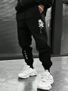 Men's Casual Sporty Long Pants, Rose Pattern Print, Drawstring Ankle Cuff, Loose-Fitting, All Seasons, Kint Fabric, Graphic Letter Design, Floral Print Sweatpants