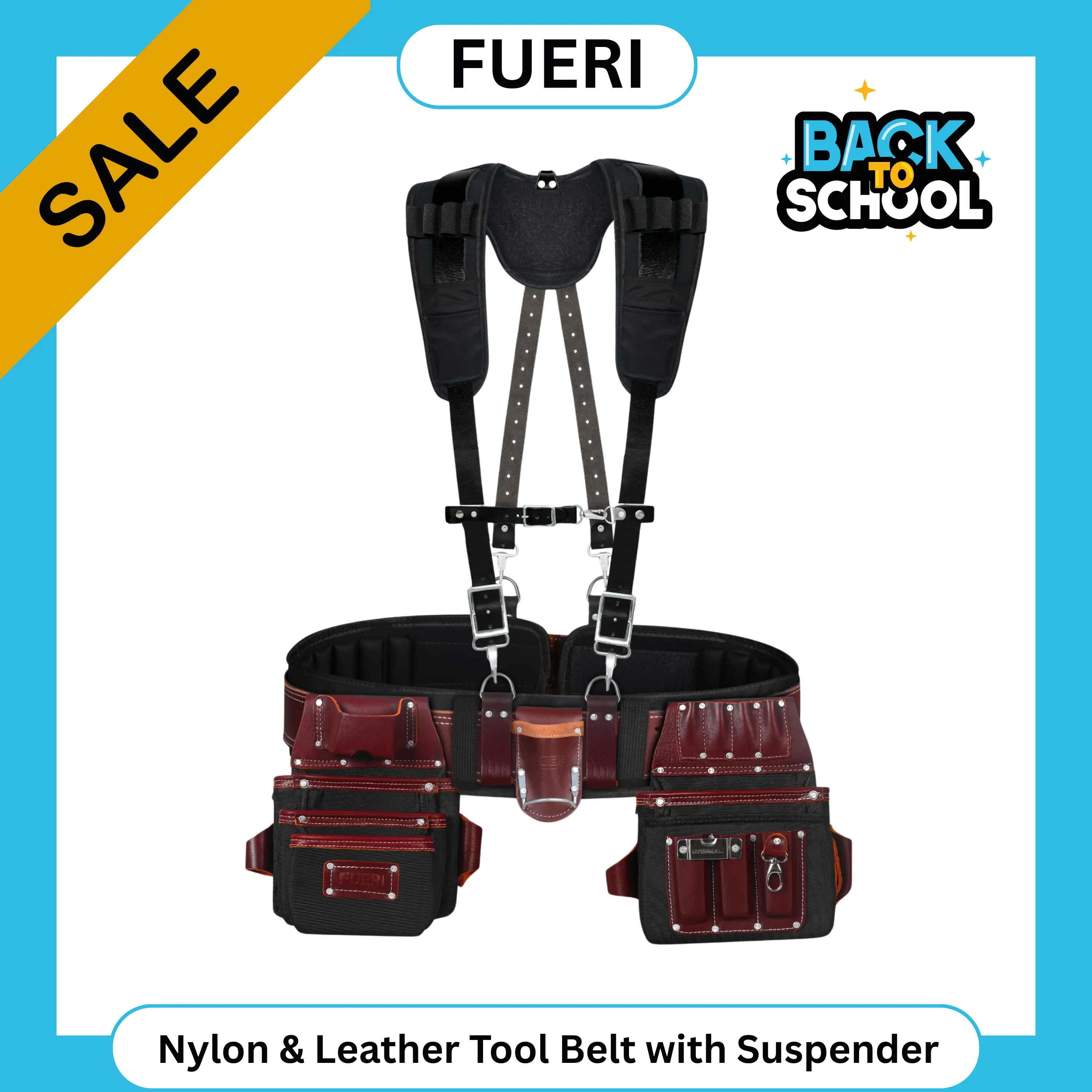 FUERI Men's Heavy Duty Nylon-Leather Organizer Kit Tool Bags - 26 Pockets (Maroon & Black), Comfort Padded Belt, Spacious Pouches, Hammer Holder, Suspender Loops, Utility Pocket for Plumbing, Construction Tools of the Trade campingessentials