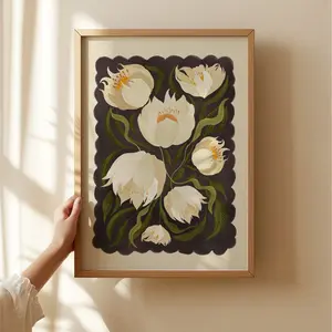 Black Peony Wall Art – Monochrome Quirky Hand-Drawn Peonies Print, Modern Eclectic Witchy Art, Lounge & Room Decor, 5 Sizes (8x12 to 27x40 inch), Unframed