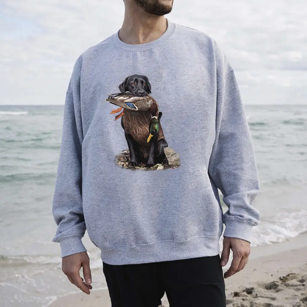 Black Labrador Graphic Pullover Sweatshirt, Unisex Cotton Long Sleeve Tops for Animal Lovers, Hunting Season Apparel