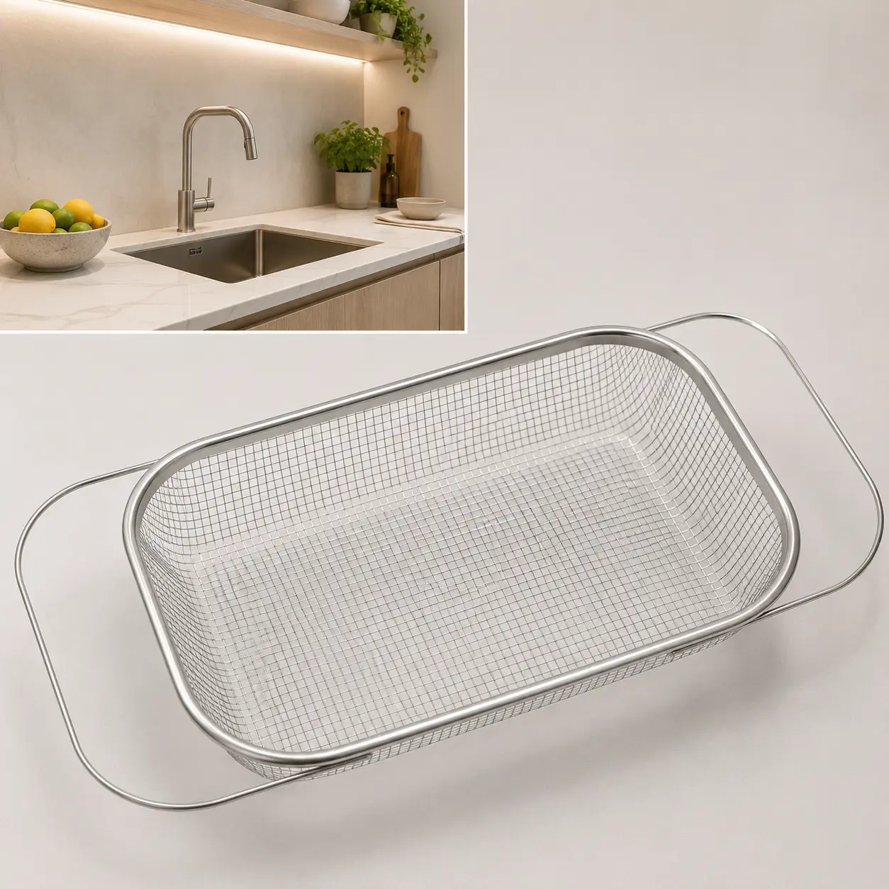 Stainless Steel Expandable Over-The-Sink Colander Strainer Basket, Rectangle Fine Mesh Kitchen Utensil with Handles, Silver Kitchen Essential