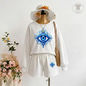 Women’s Blue Evil Eye Print 2 Piece Shorts Set, Casual Long Sleeve Sweatshirt and Elastic Waist Shorts Matching Outfit, Soft Comfortable Sportswear Set for Travel, Lounge, Outdoor Activities and Everyday Wear